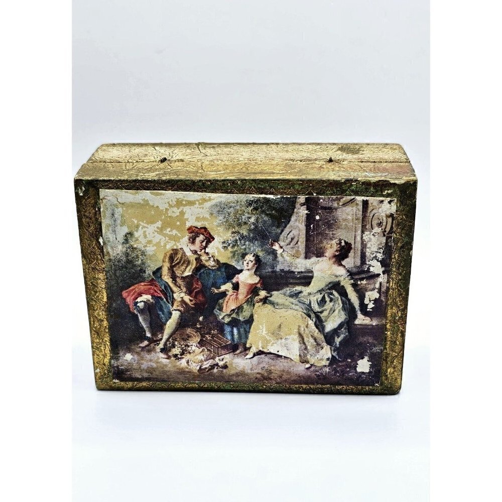 Vintage Florentia Hand Made Italy Gold Wood Box Renaissance Image Pin Hinged
